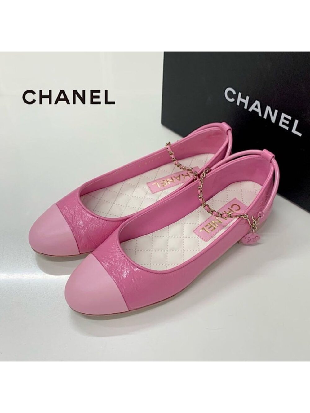 Chanel CC Logo Camellia Leather Chain Strap Flat Shoes
